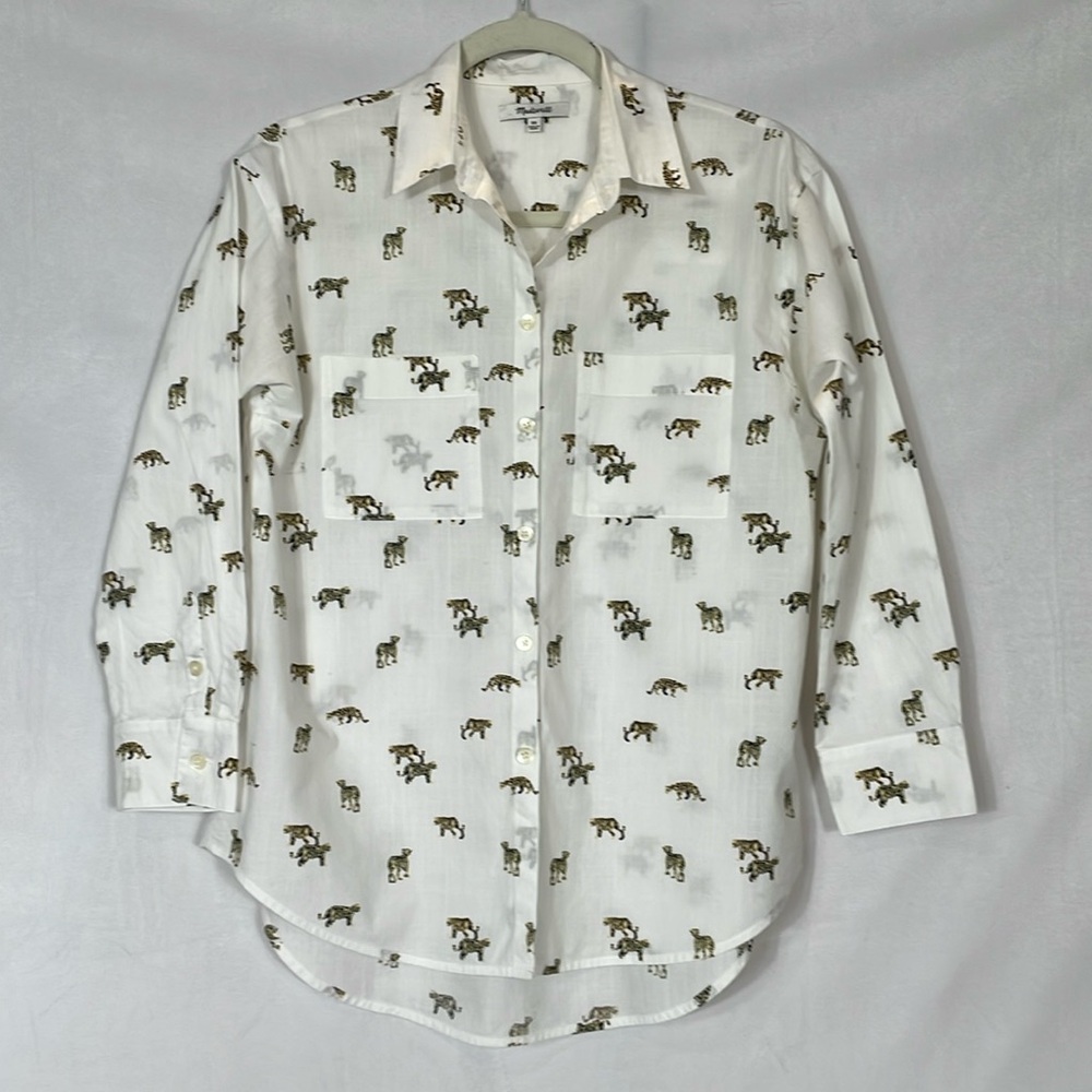 Madewell White Button-Up Shirt with Brown Animal Print